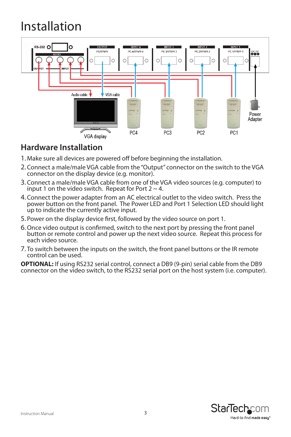 Installation, Hardware installation | StarTech.com VS410RVGAA User Manual | Page 6 / 12