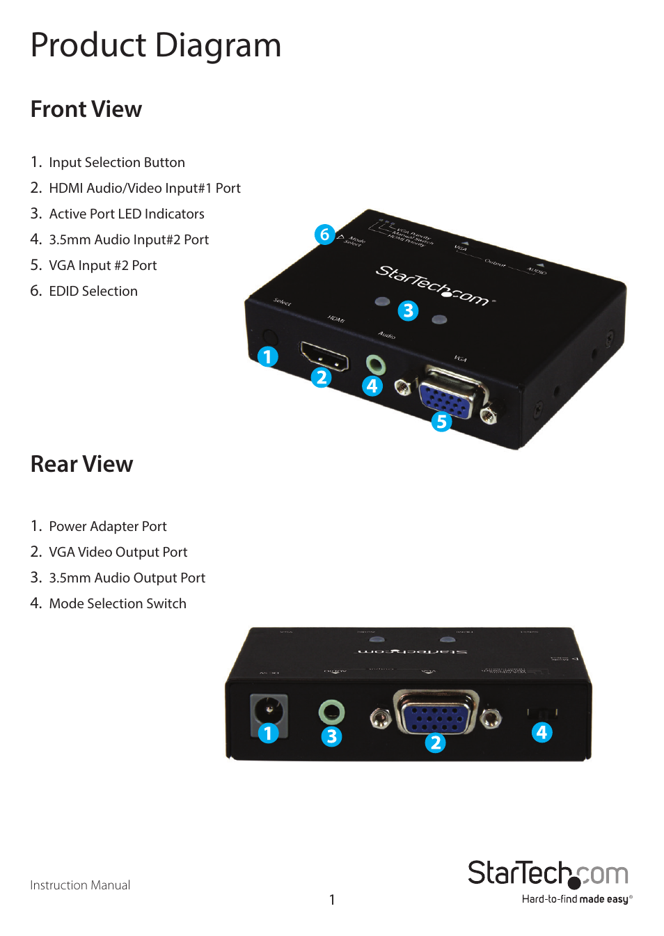 Product diagram, Front view, Rear view | StarTech.com VS221HD2VGA User Manual | Page 4 / 11