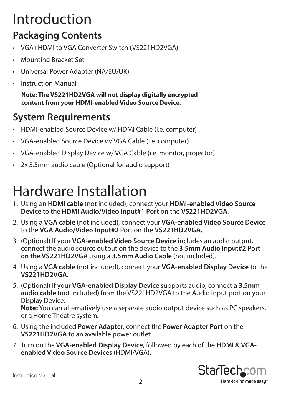 Introduction, Hardware installation, Packaging contents | System requirements | StarTech.com VS221HD2VGA User Manual | Page 5 / 11