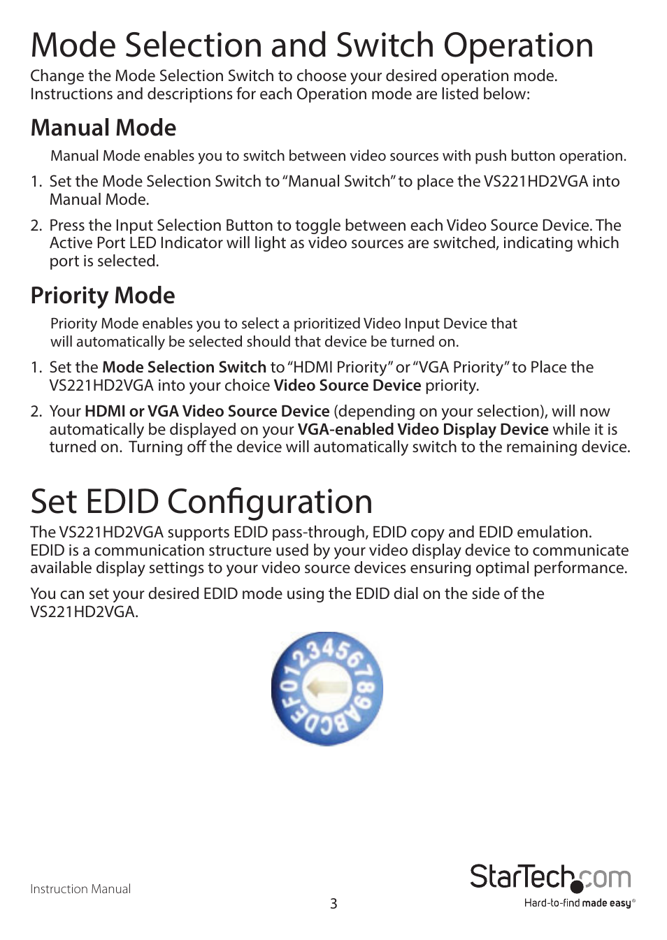 Mode selection and switch operation, Set edid configuration, Manual mode | Priority mode | StarTech.com VS221HD2VGA User Manual | Page 6 / 11