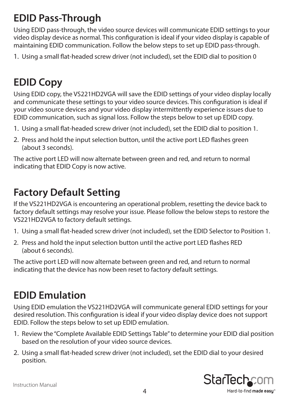 Edid pass-through, Edid copy, Factory default setting | Edid emulation | StarTech.com VS221HD2VGA User Manual | Page 7 / 11