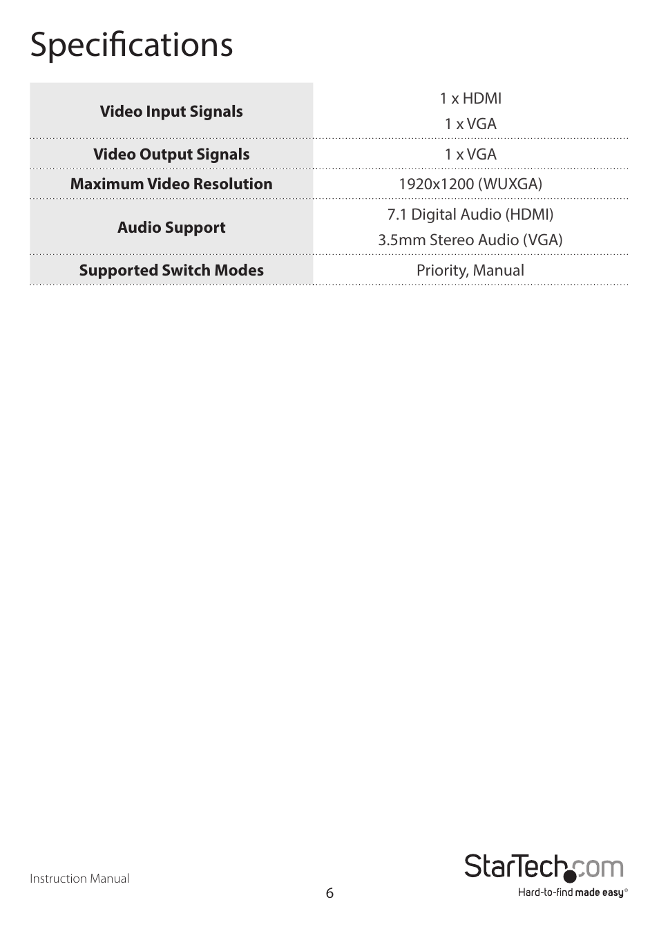 Specifications | StarTech.com VS221HD2VGA User Manual | Page 9 / 11