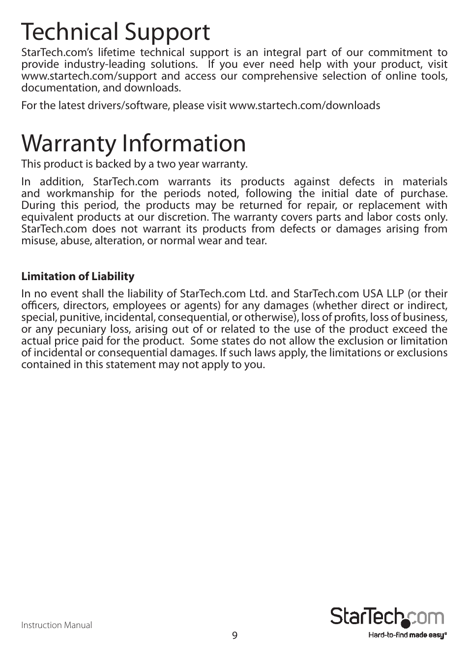 Technical support, Warranty information | StarTech.com VS440HDMI User Manual | Page 12 / 13