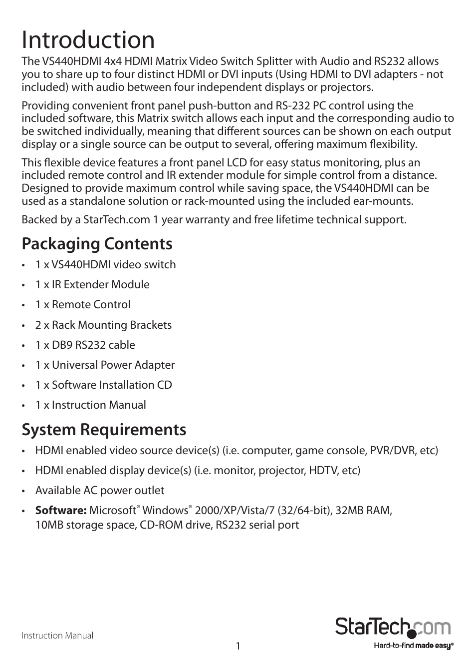Introduction, Packaging contents, System requirements | StarTech.com VS440HDMI User Manual | Page 4 / 13