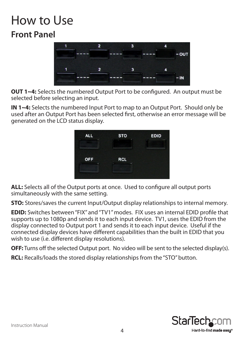 How to use, Front panel | StarTech.com VS440HDMI User Manual | Page 7 / 13