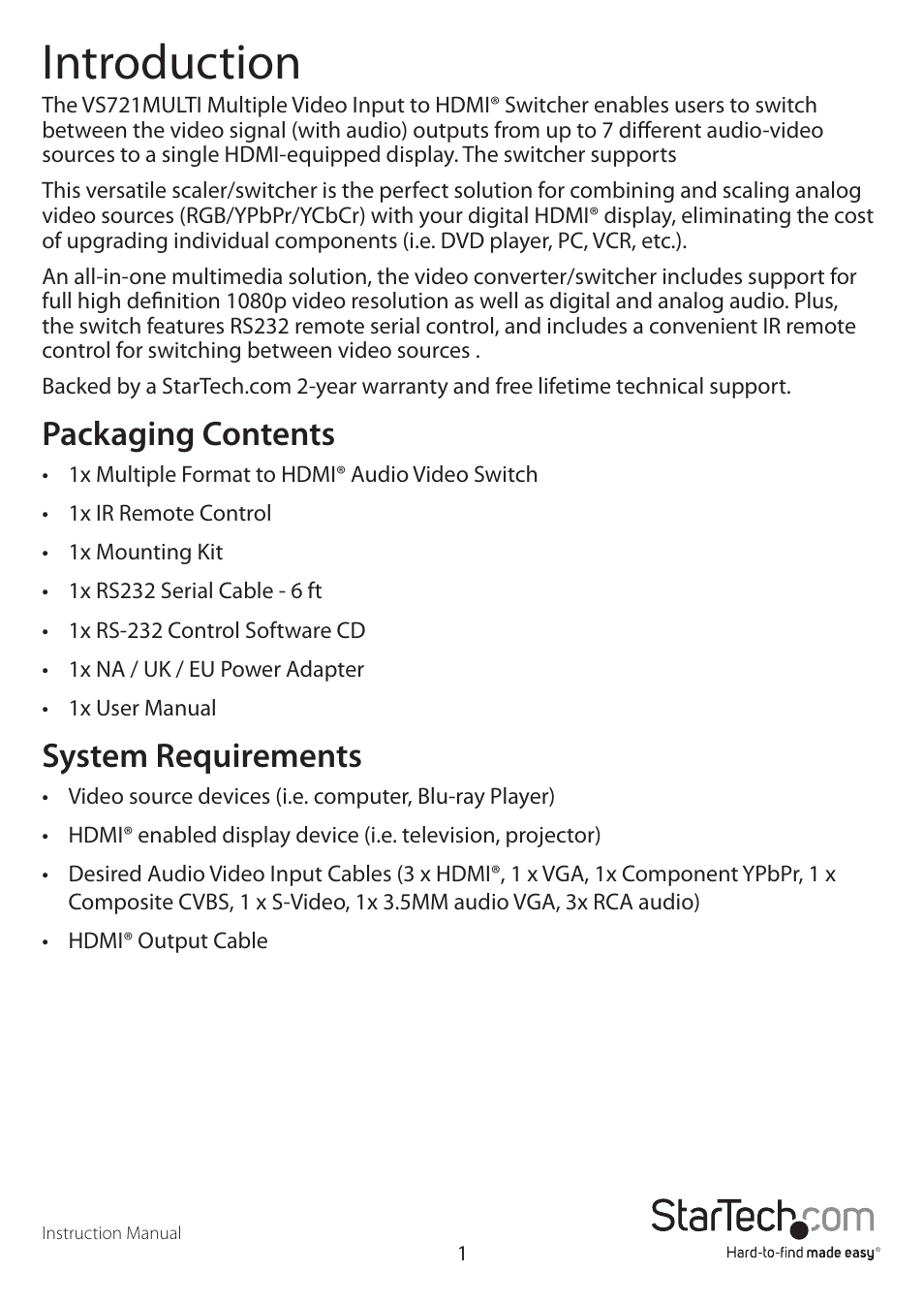 Introduction, Packaging contents, System requirements | StarTech.com VS721MULTI User Manual | Page 5 / 11