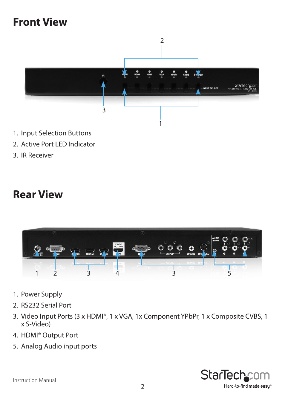 Front view rear view | StarTech.com VS721MULTI User Manual | Page 6 / 11