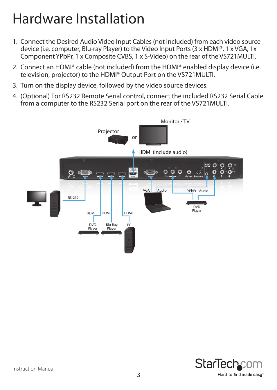 Hardware installation | StarTech.com VS721MULTI User Manual | Page 7 / 11