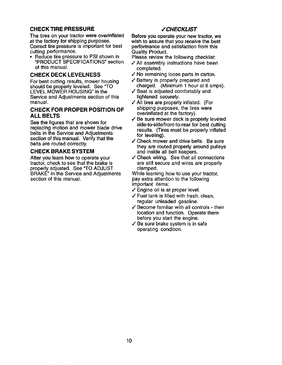 Check tire pressure, Check deck levelness, Check for proper position of all belts | Check brake system, Checklist | Craftsman 917.271554 User Manual | Page 10 / 60