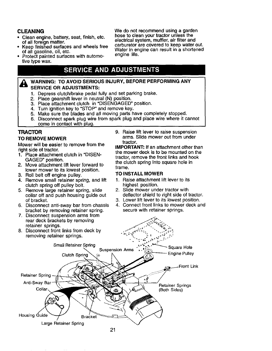 Cleaning, Tractor, Service and adjustments | Craftsman 917.271554 User Manual | Page 21 / 60