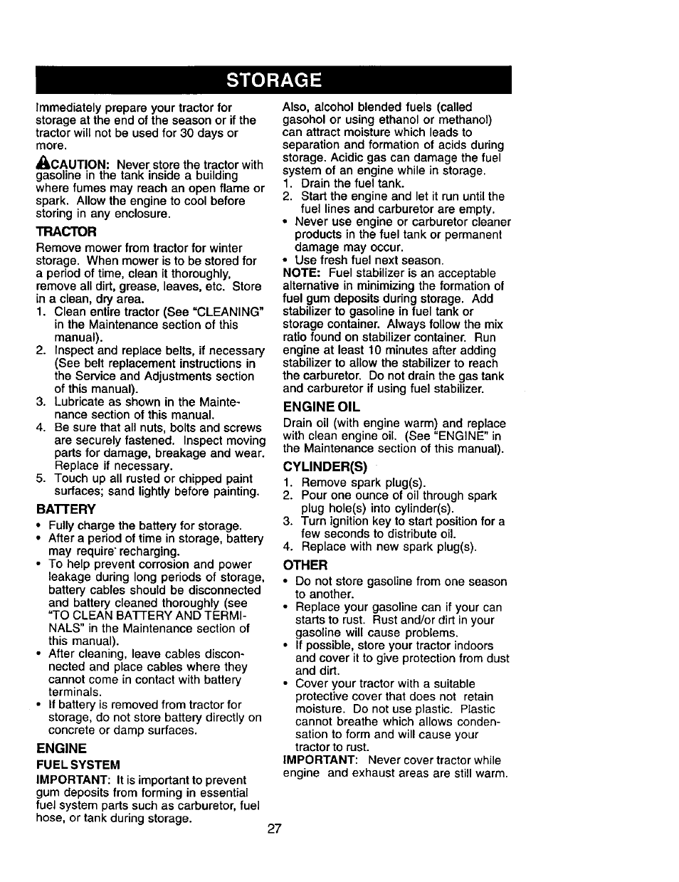 Tractor, Battery, Engine oil | Cylinder(s), Other, Storage | Craftsman 917.271554 User Manual | Page 27 / 60