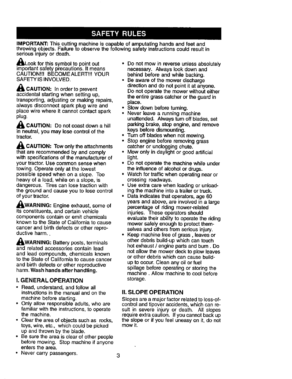 General operation, N. slope operation, Safety rules | Craftsman 917.271554 User Manual | Page 3 / 60