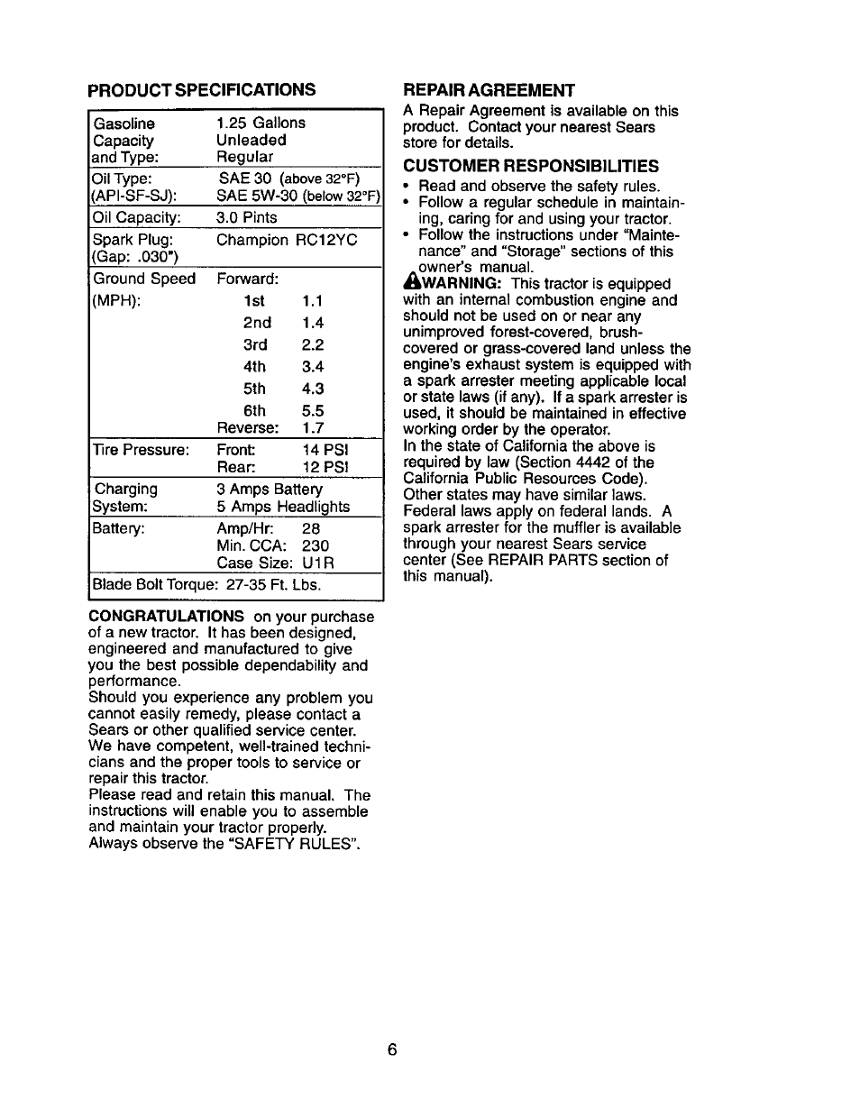 Repair agreement, Customer responsibilities | Craftsman 917.271554 User Manual | Page 6 / 60