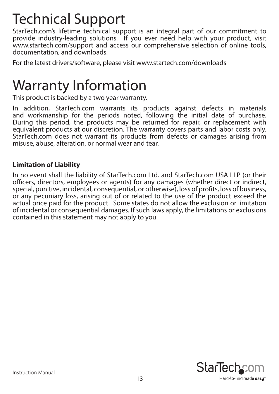 Technical support, Warranty information | StarTech.com VS420RDVIA User Manual | Page 16 / 17