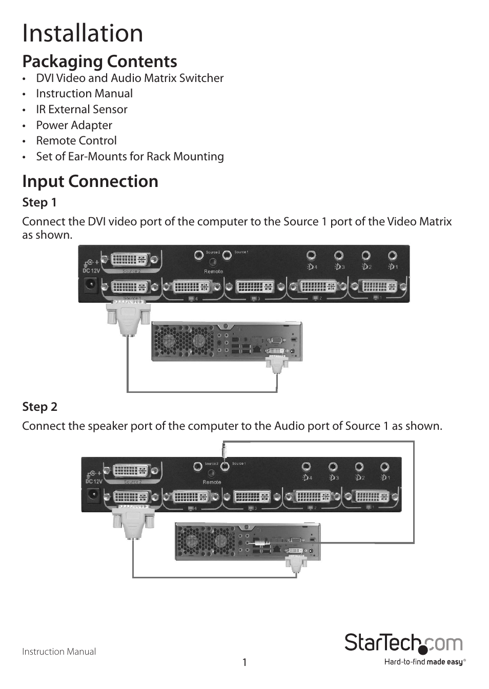 Installation, Packaging contents, Input connection | StarTech.com VS420RDVIA User Manual | Page 4 / 17