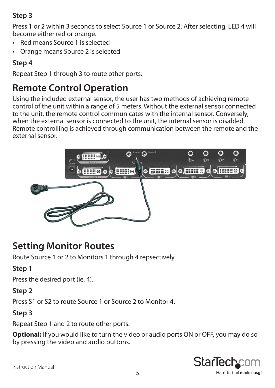 Remote control operation, Setting monitor routes | StarTech.com VS420RDVIA User Manual | Page 8 / 17