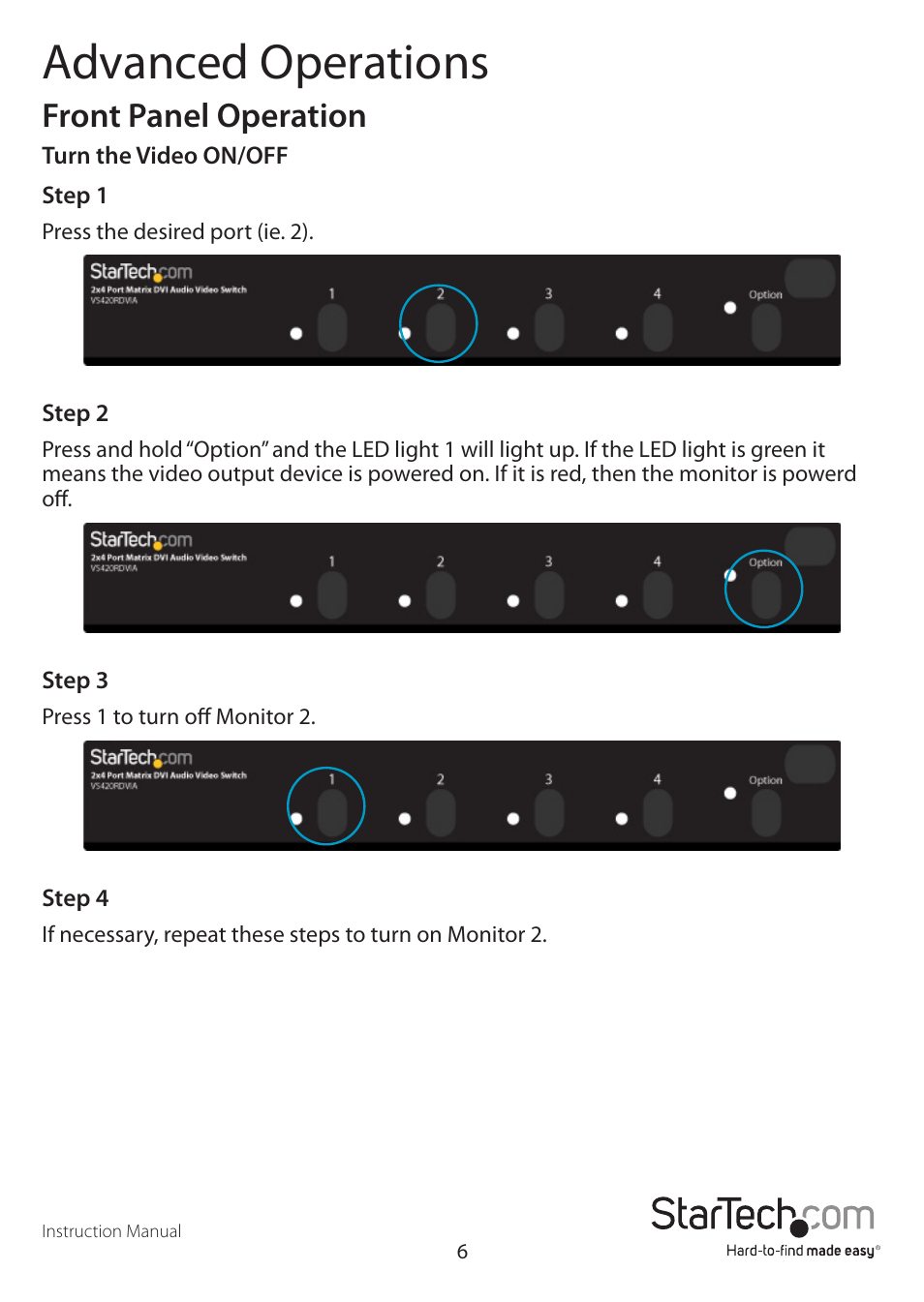 Advanced operations, Front panel operation | StarTech.com VS420RDVIA User Manual | Page 9 / 17