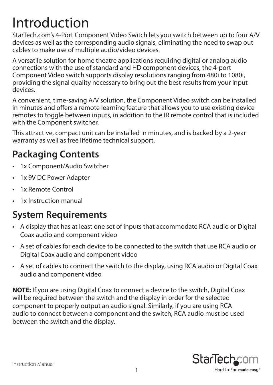 Introduction, Packaging contents, System requirements | StarTech.com CPNT410IR User Manual | Page 4 / 9