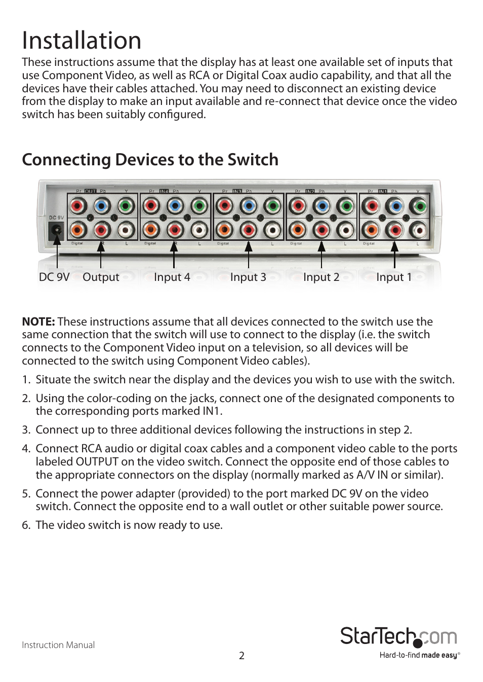 Installation, Connecting devices to the switch | StarTech.com CPNT410IR User Manual | Page 5 / 9