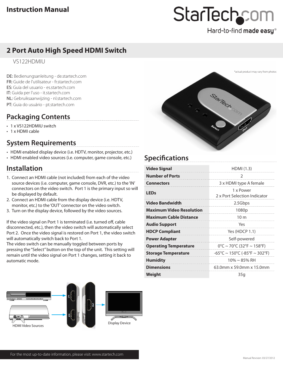 StarTech.com VS122HDMIU User Manual | 2 pages