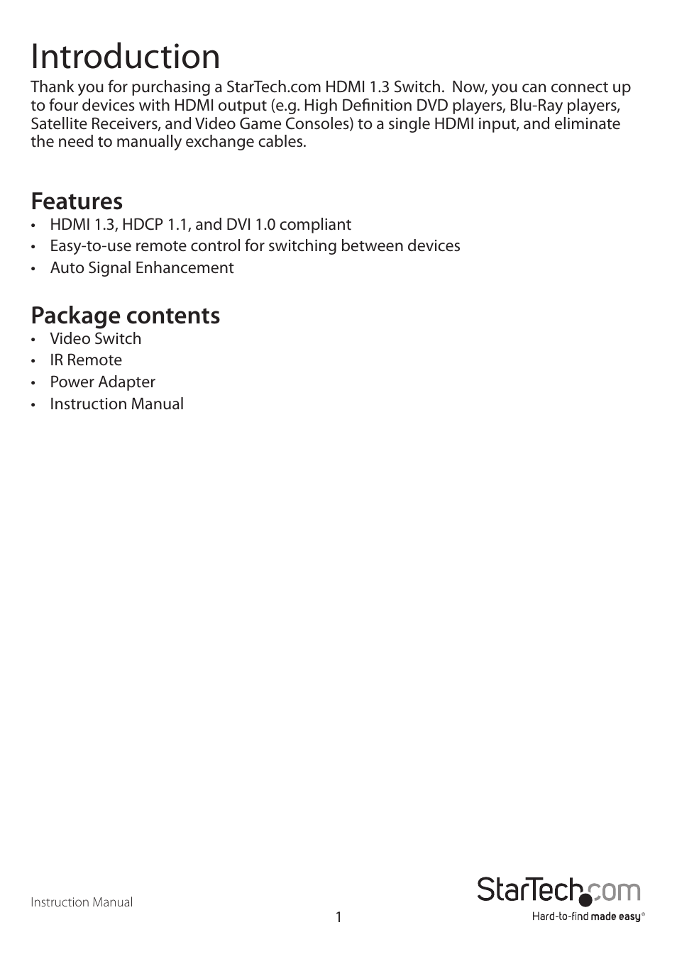 Introduction, Features, Package contents | StarTech.com VS410HDMIE User Manual | Page 4 / 9