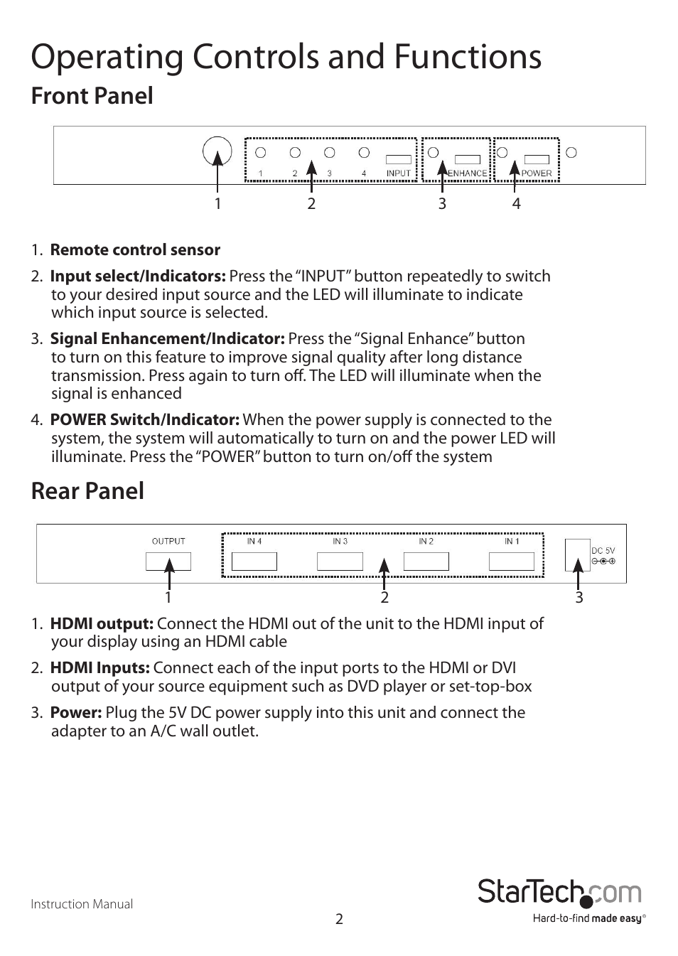 Operating controls and functions, Front panel, Rear panel | StarTech.com VS410HDMIE User Manual | Page 5 / 9