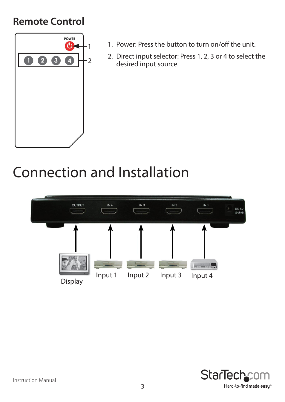 Connection and installation, Remote control | StarTech.com VS410HDMIE User Manual | Page 6 / 9