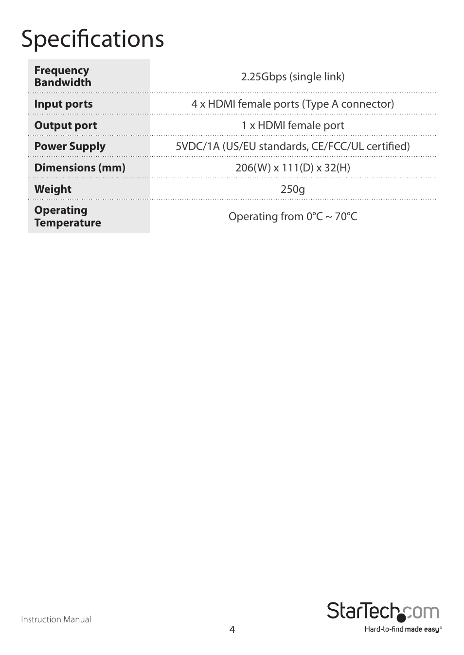 Specifications | StarTech.com VS410HDMIE User Manual | Page 7 / 9