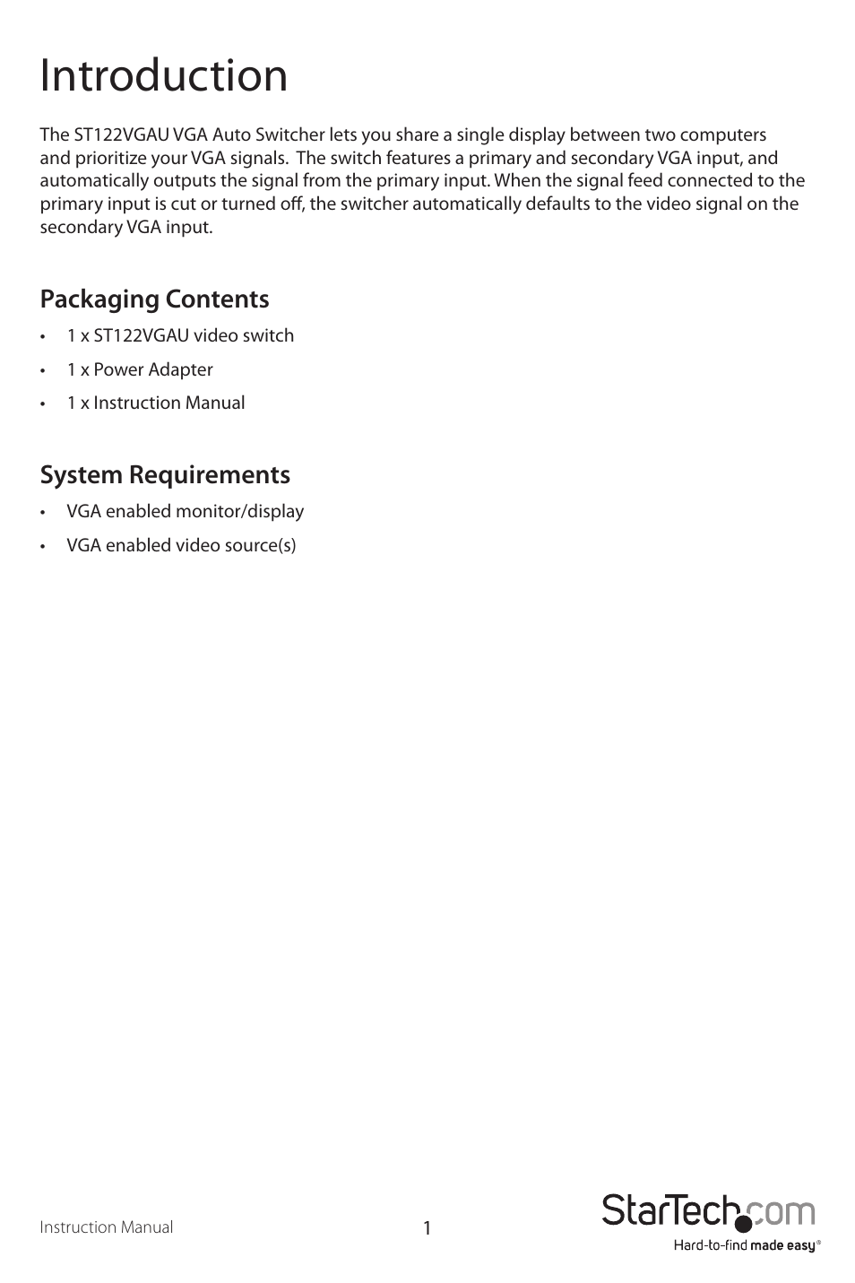 Introduction, Packaging contents, System requirements | StarTech.com ST122VGAU User Manual | Page 4 / 9