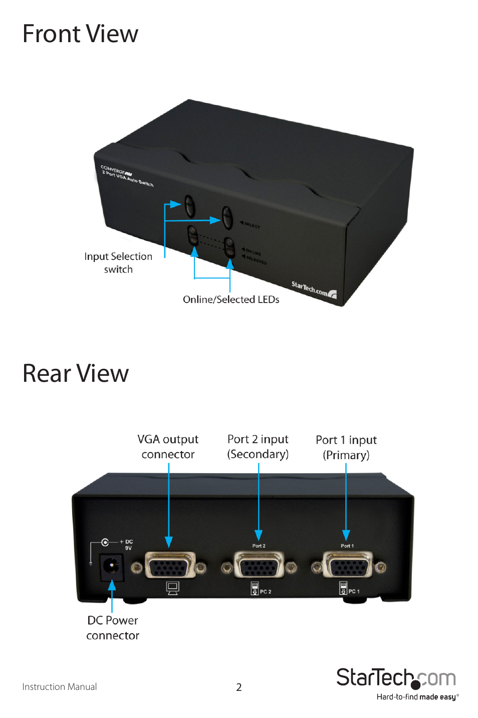Front view rear view | StarTech.com ST122VGAU User Manual | Page 5 / 9