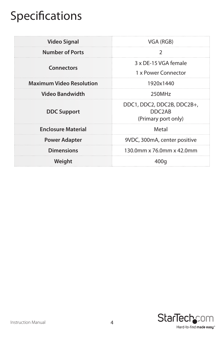 Specifications | StarTech.com ST122VGAU User Manual | Page 7 / 9