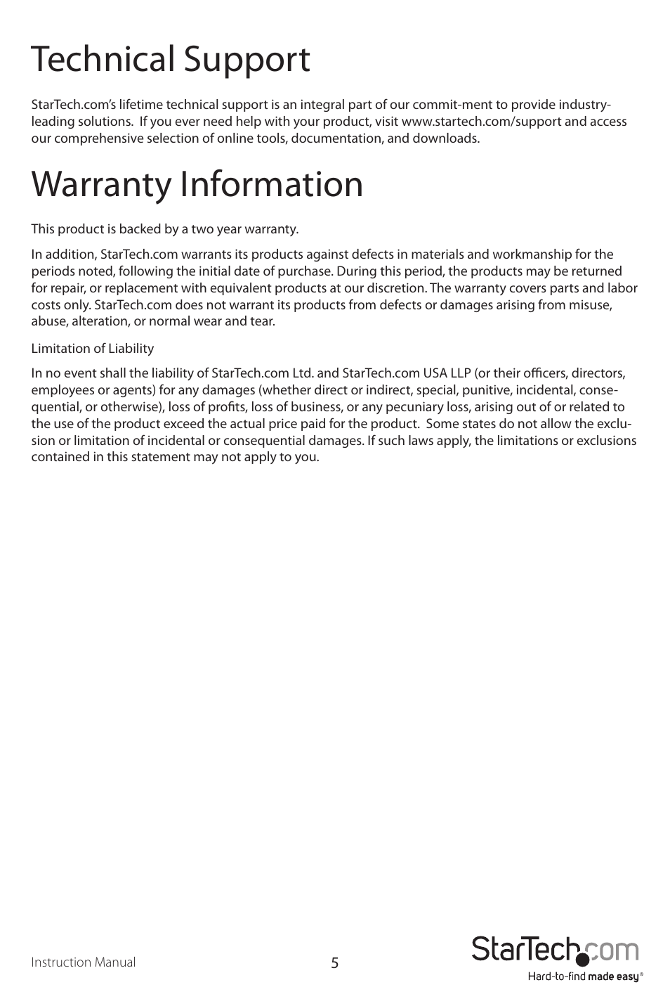 Technical support, Warranty information | StarTech.com ST122VGAU User Manual | Page 8 / 9