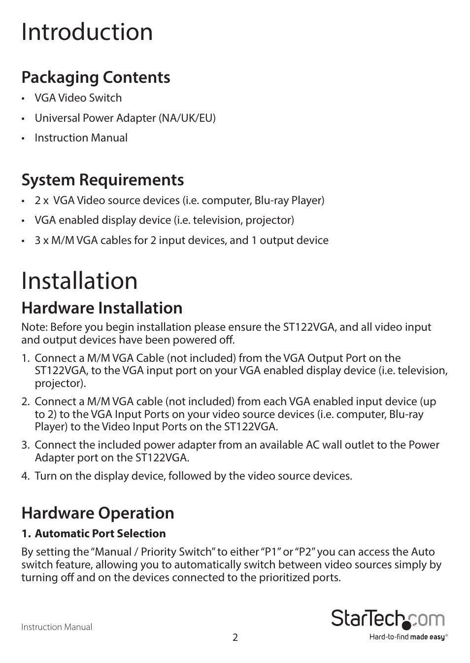 Introduction, Installation, Packaging contents | System requirements, Hardware installation, Hardware operation | StarTech.com ST122VGA User Manual | Page 5 / 10