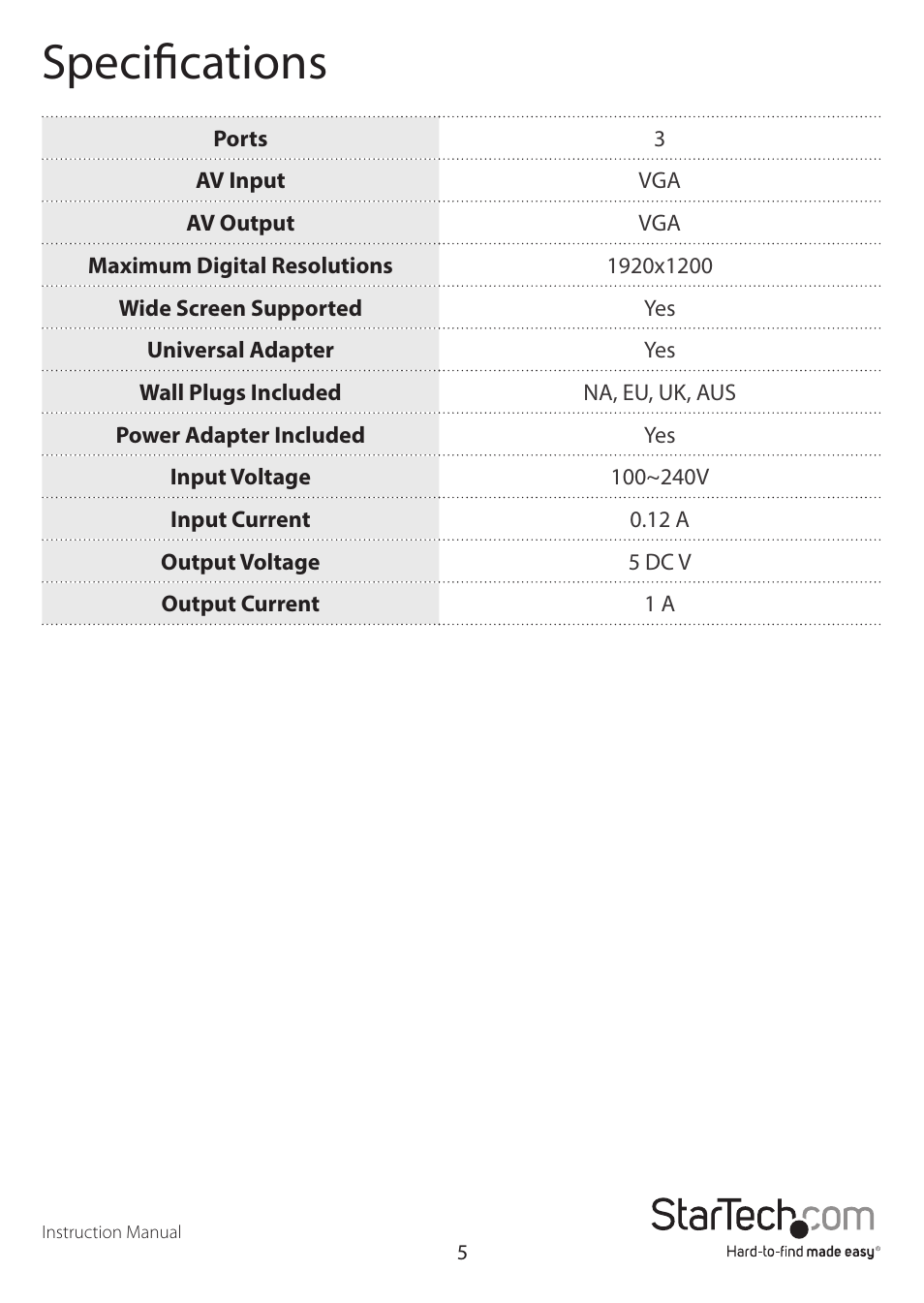Specifications | StarTech.com ST122VGA User Manual | Page 8 / 10