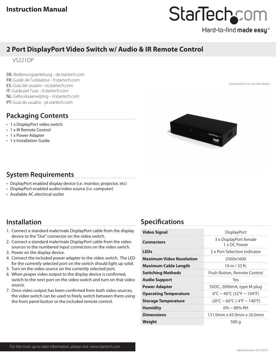 StarTech.com VS221DP User Manual | 2 pages