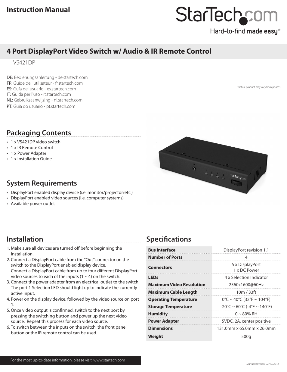 StarTech.com VS421DP User Manual | 2 pages