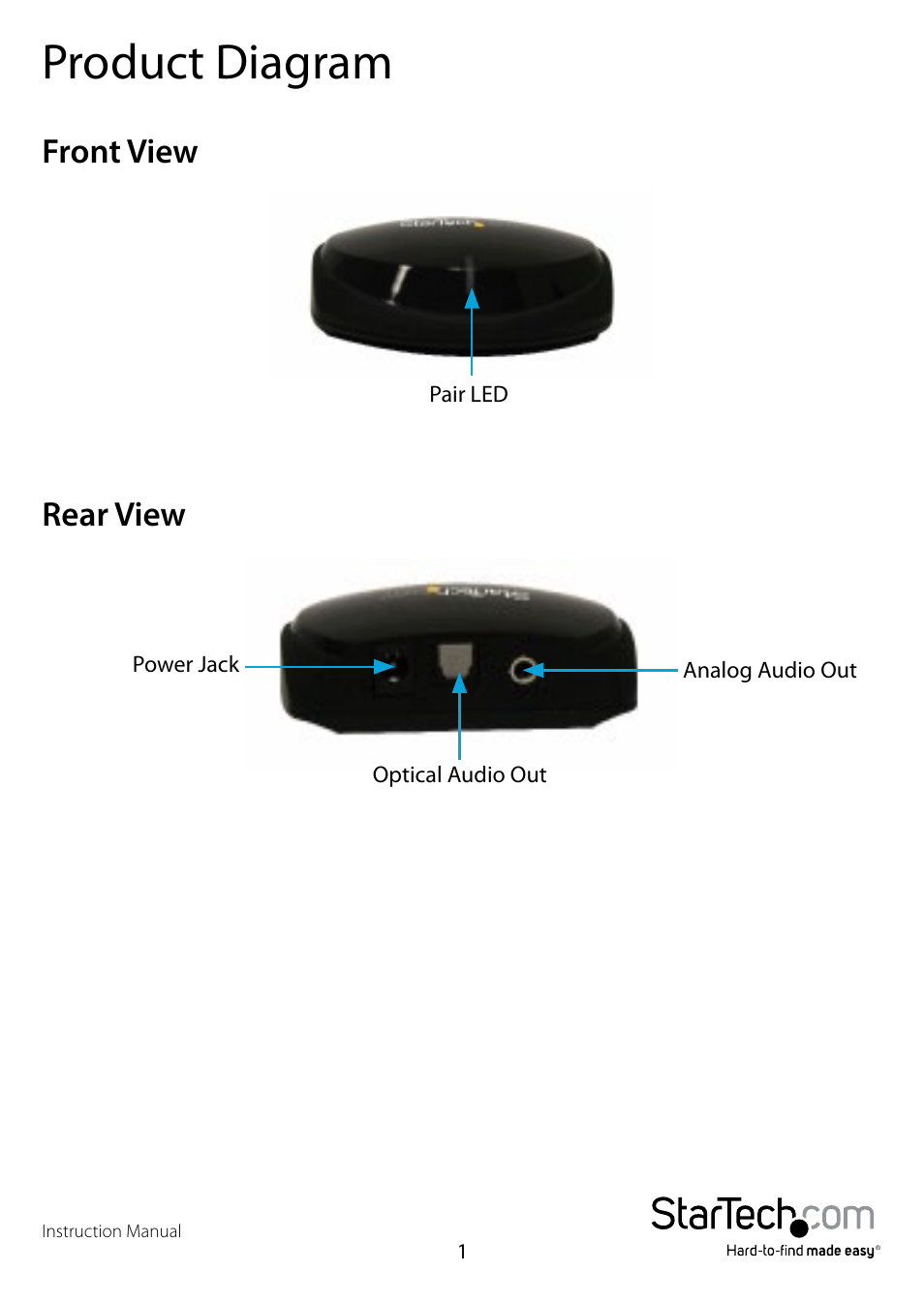 Product diagram, Front view, Rear view | Front view rear view | StarTech.com BT2A User Manual | Page 4 / 10