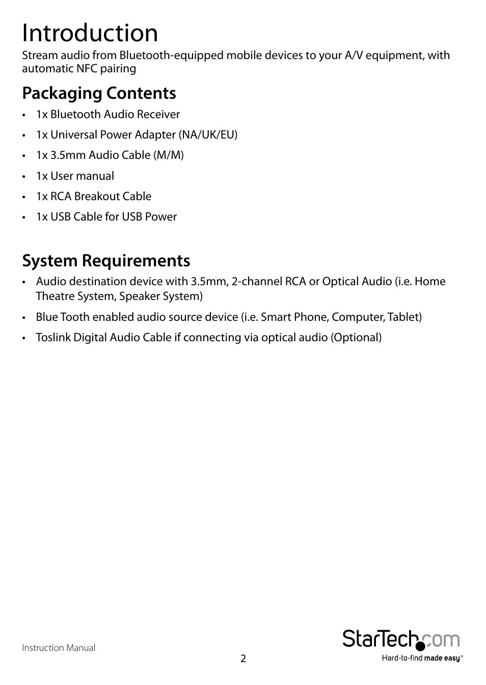 Introduction, Packaging contents, System requirements | Packaging contents system requirements | StarTech.com BT2A User Manual | Page 5 / 10
