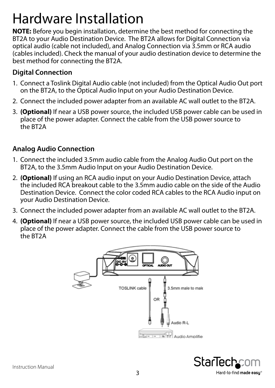 Hardware installation | StarTech.com BT2A User Manual | Page 6 / 10