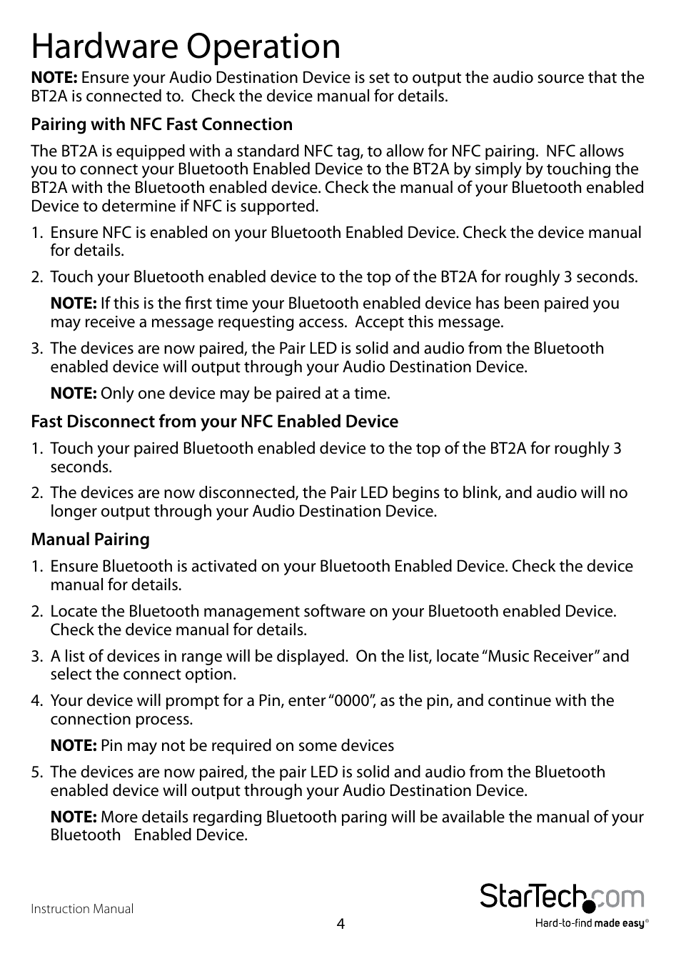 Hardware operation | StarTech.com BT2A User Manual | Page 7 / 10