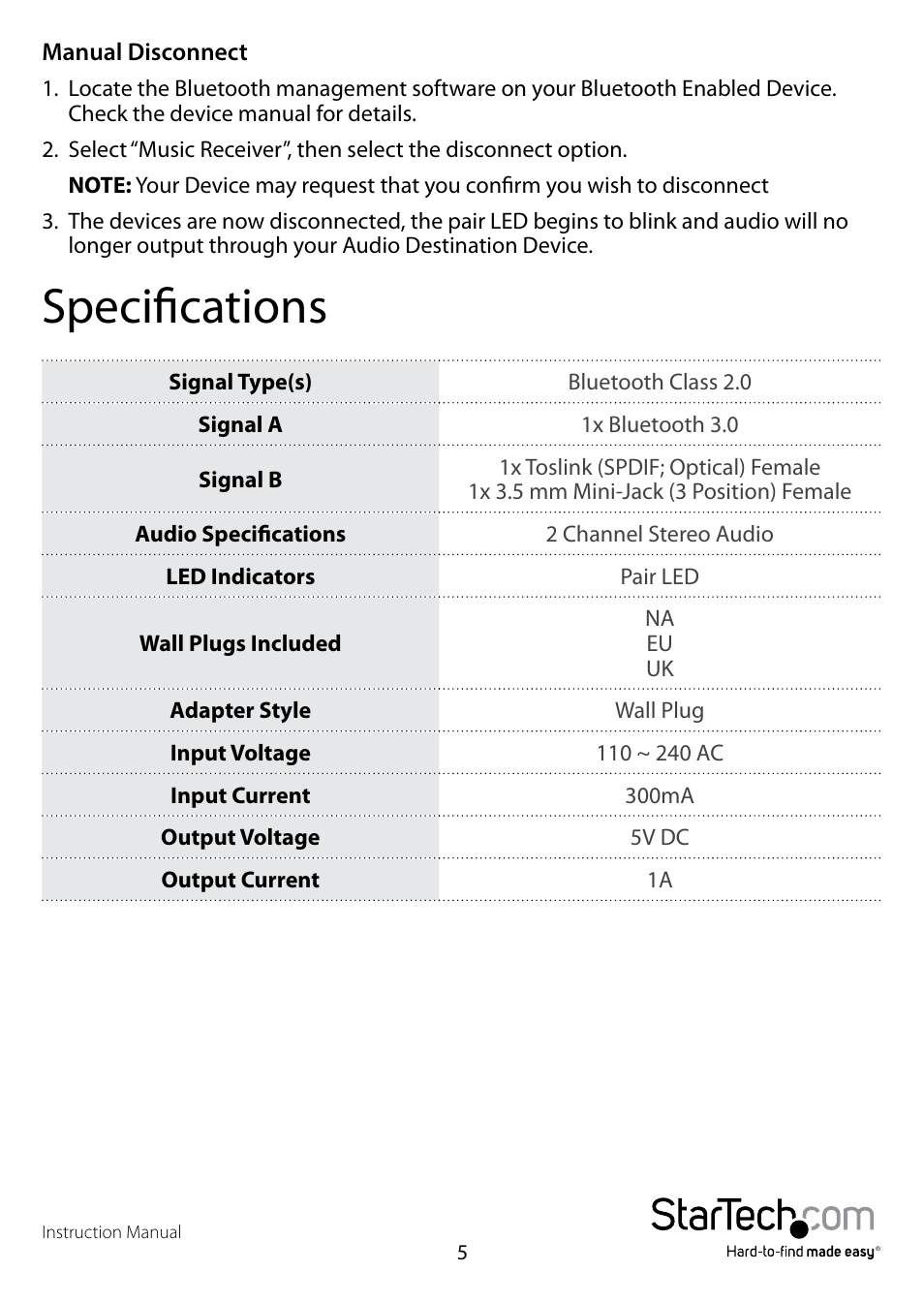 Specifications | StarTech.com BT2A User Manual | Page 8 / 10