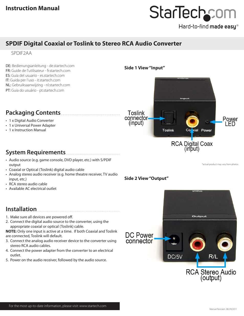 StarTech.com SPDIF2AA User Manual | 2 pages
