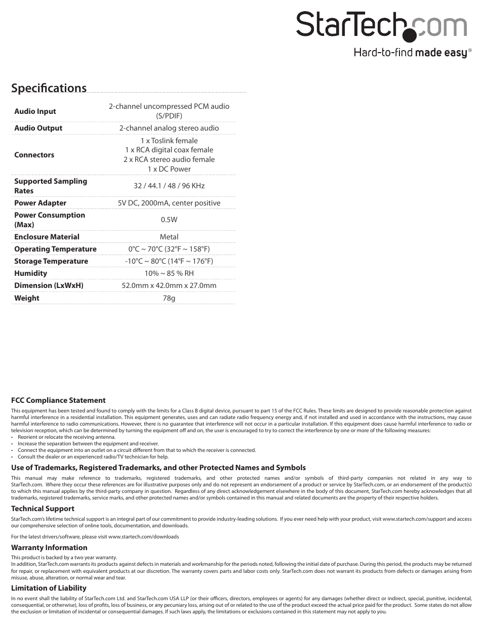 Specifications | StarTech.com SPDIF2AA User Manual | Page 2 / 2