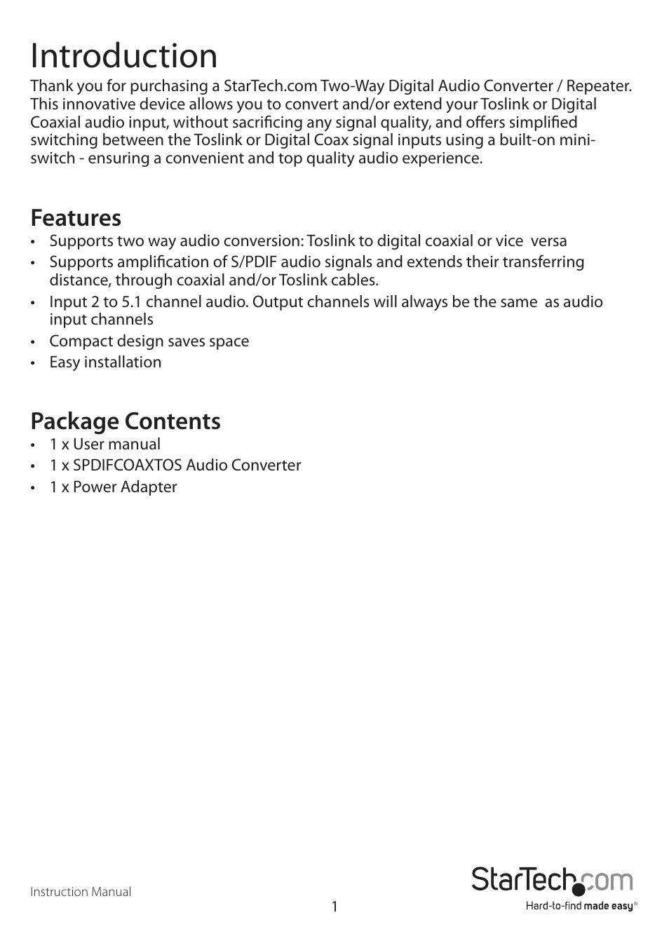 Introduction, Features, Package contents | StarTech.com SPDIFCOAXTOS User Manual | Page 4 / 9