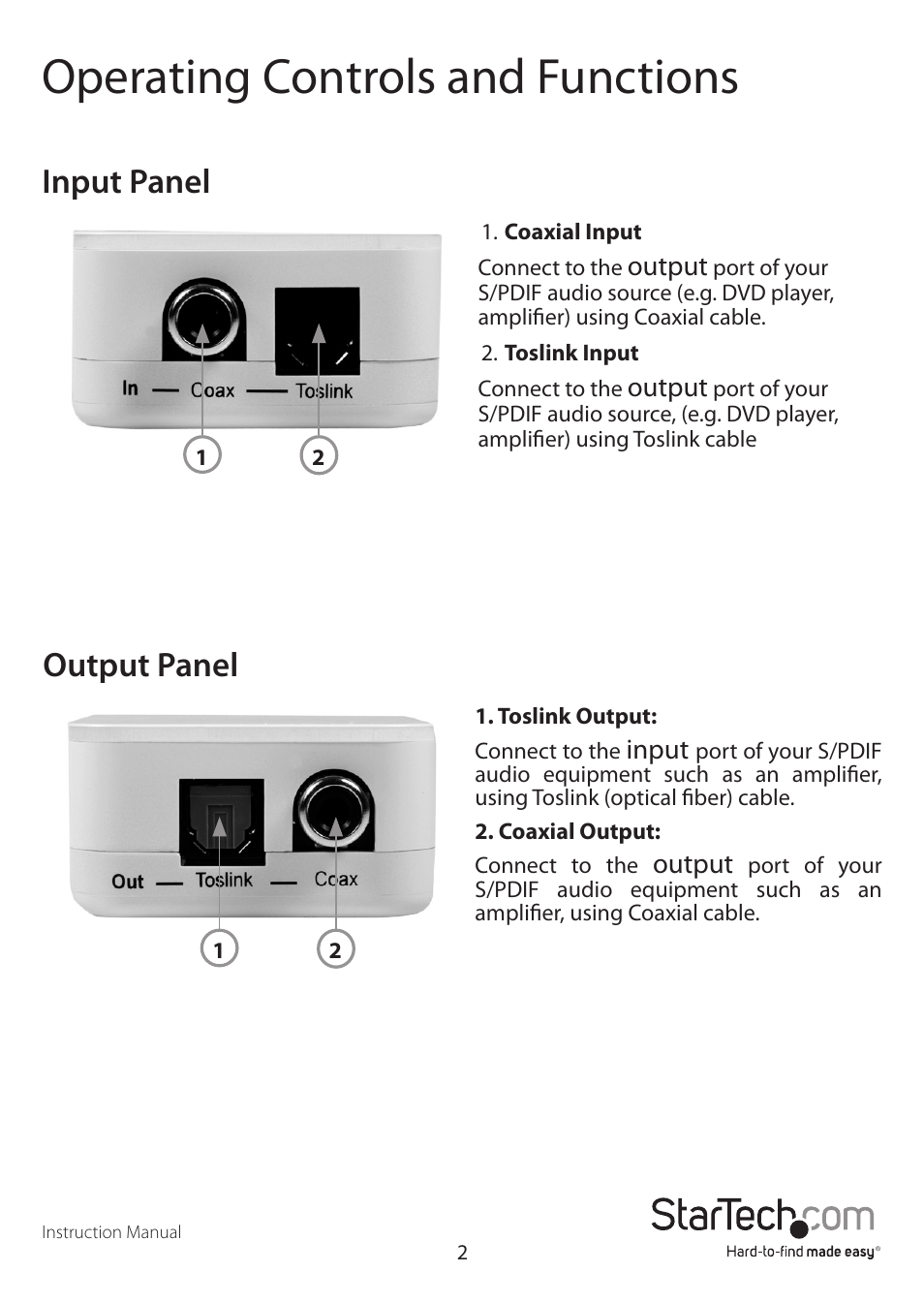 Operating controls and functions, Input panel output panel | StarTech.com SPDIFCOAXTOS User Manual | Page 5 / 9