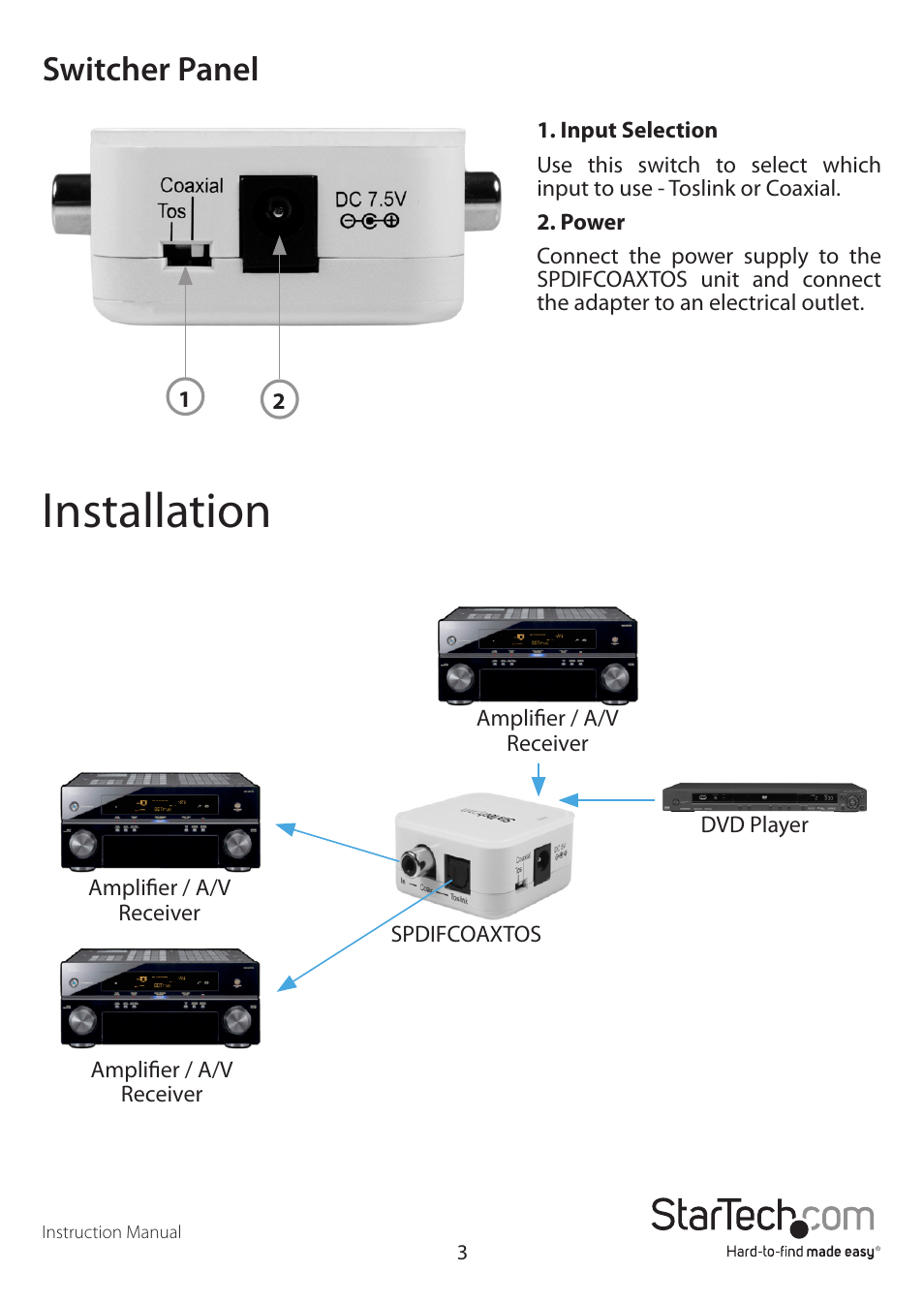 Installation, Switcher panel | StarTech.com SPDIFCOAXTOS User Manual | Page 6 / 9