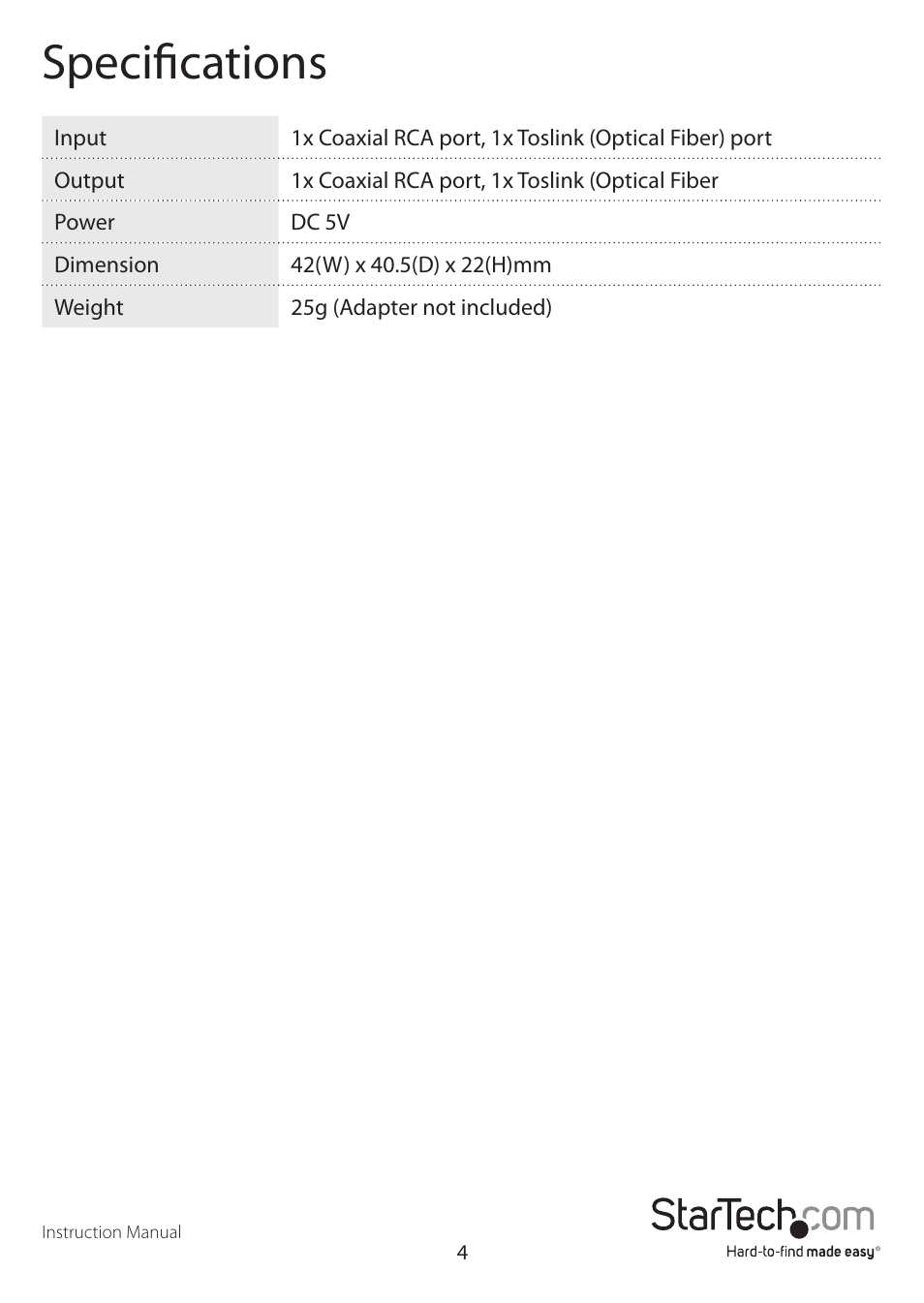 Specifications | StarTech.com SPDIFCOAXTOS User Manual | Page 7 / 9