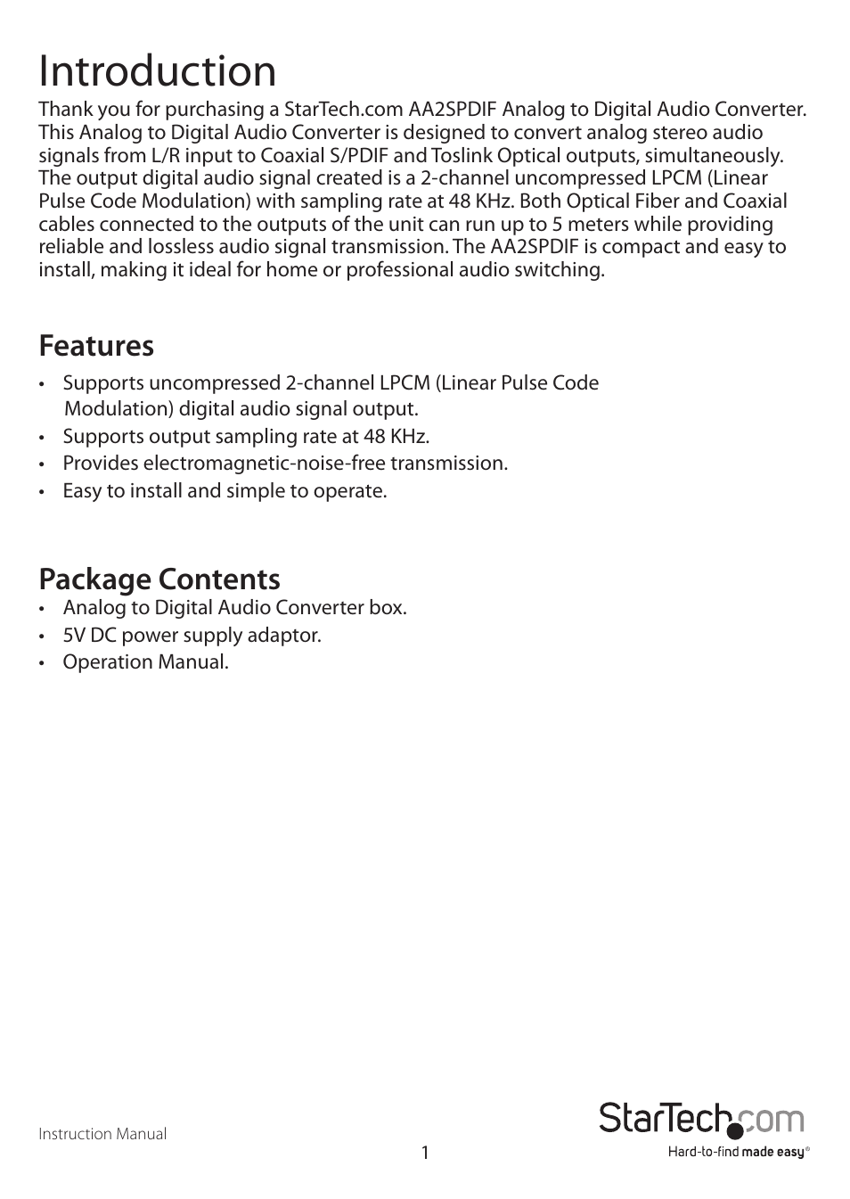 Introduction, Features, Package contents | StarTech.com AA2SPDIF User Manual | Page 4 / 9