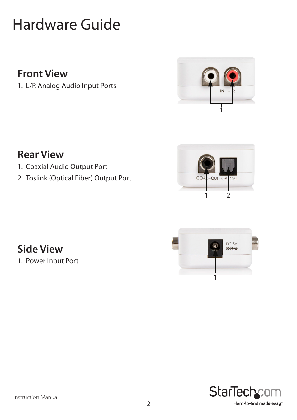 Hardware guide, Front view, Rear view | Side view | StarTech.com AA2SPDIF User Manual | Page 5 / 9