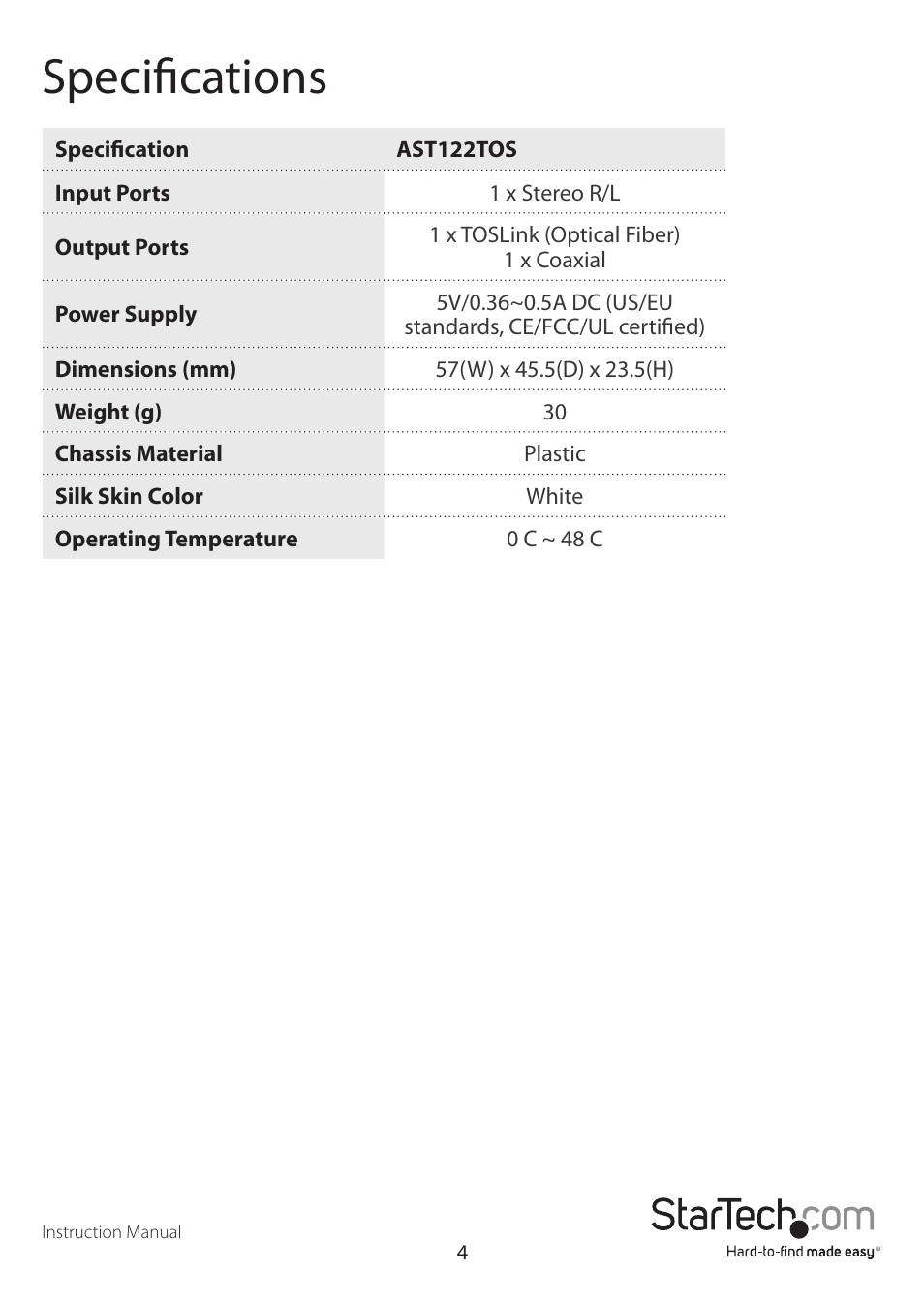 Specifications | StarTech.com AA2SPDIF User Manual | Page 7 / 9